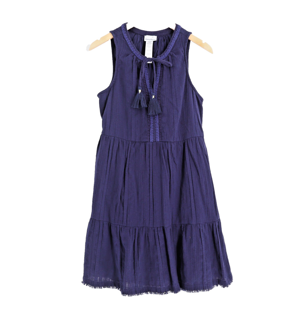 Tommy Bahama Sz L Navy Tiered Cotton Split Neck Mini Dress Tassel Embroidered